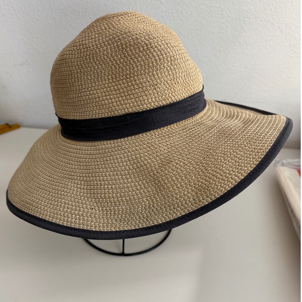 Womens Wide Brim Straw Sun Hat Tan‎ Black Ribbon Bow Floppy Beach Summer Hat